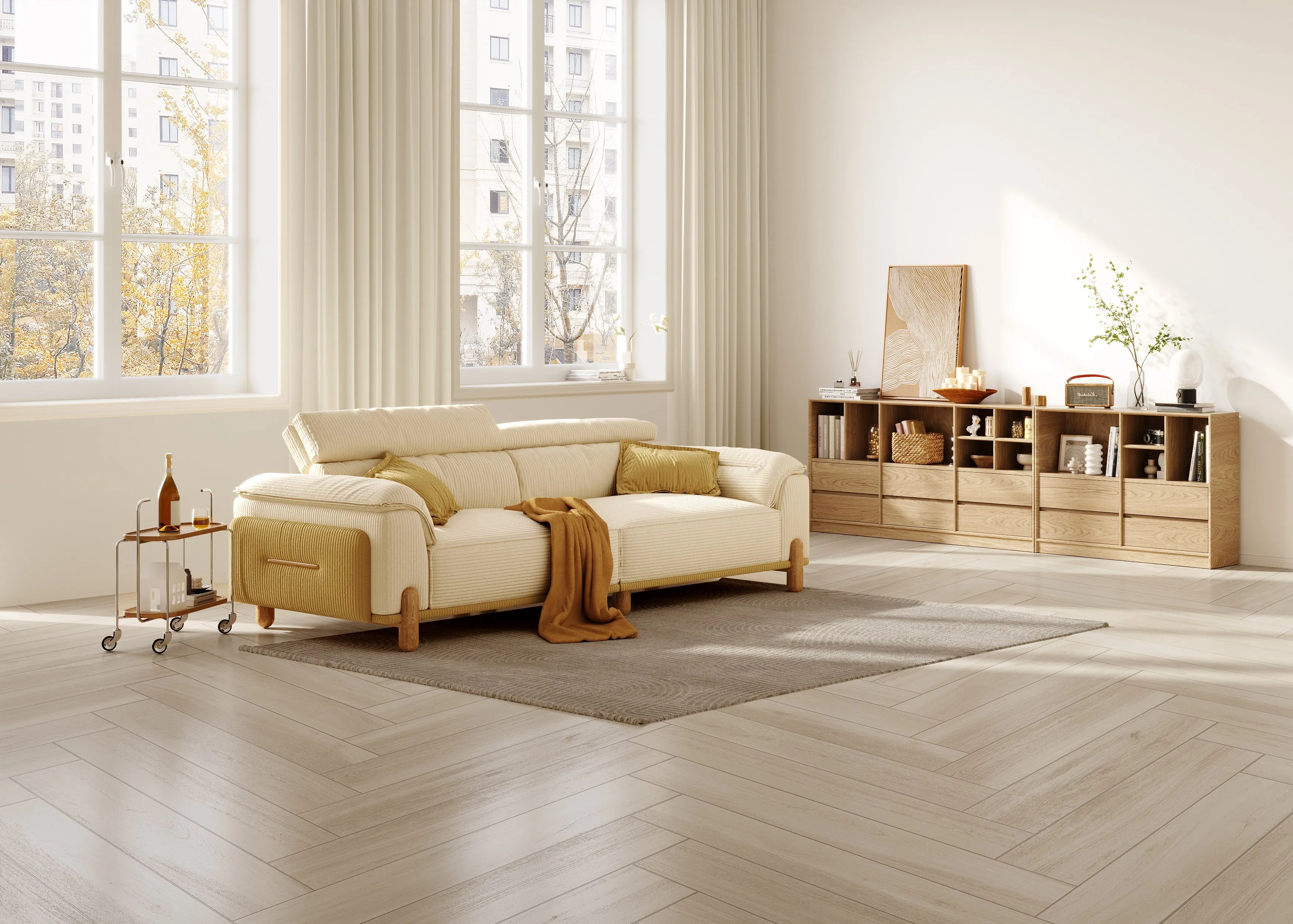 Light Cream Beige Natural White Oak Wood Look Porcelain Wall and Floor Tile