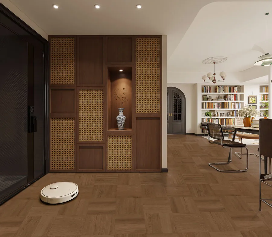 Dark Brown Oak Patchwork Wood-Look Porcelain Tile for Wall and Floor