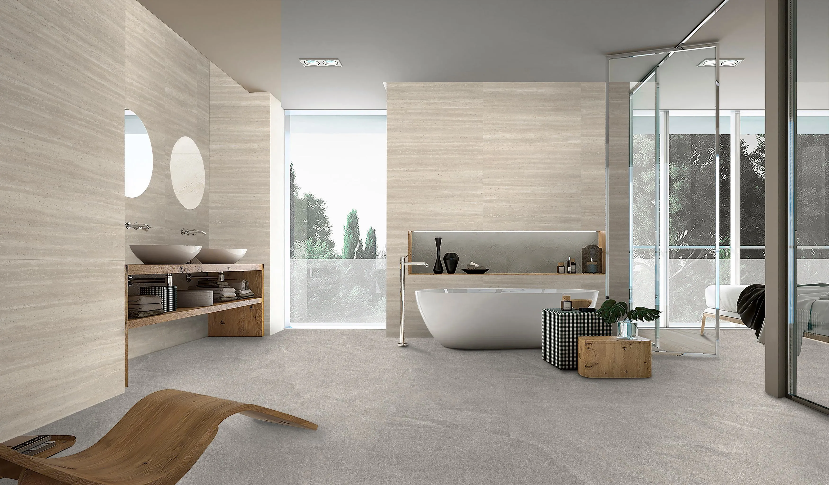 Warm Ivory Travertine-Look Porcelain Tile for Wall and Floor